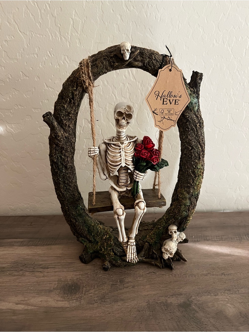 Hallow's Eve Skeleton on Tree Swing with Red Roses - Halloween Decor